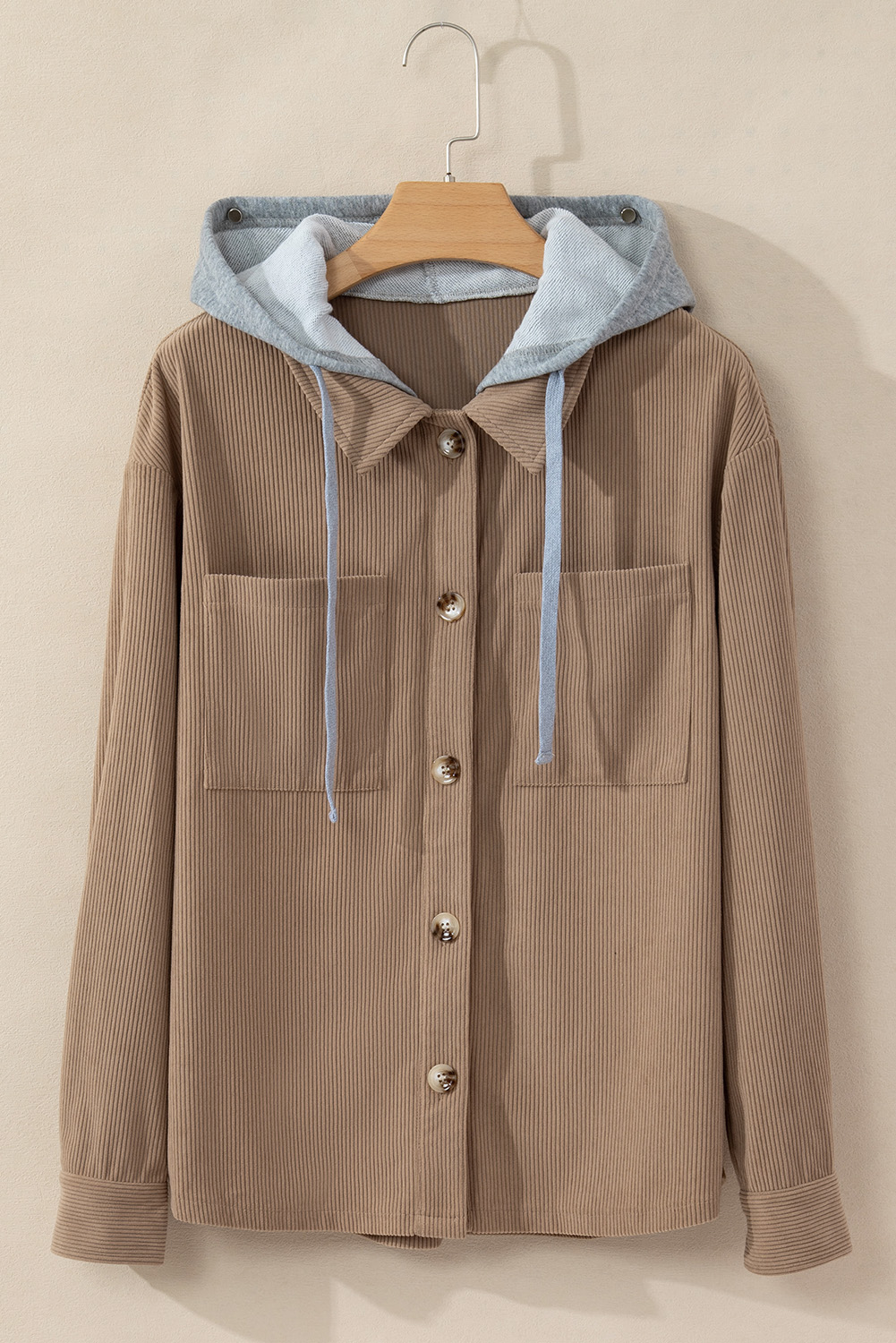 Pale Khaki Hooded Drawstring Pockets Corduroy Shacket - Image 4