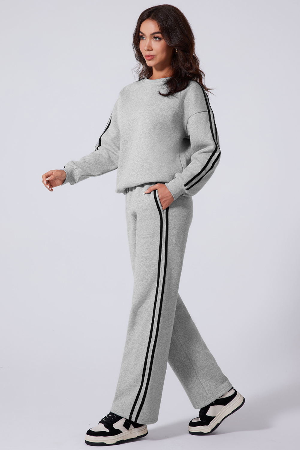 Light Grey Solid Color Side Striped Sweatshirt Active Set - Image 3