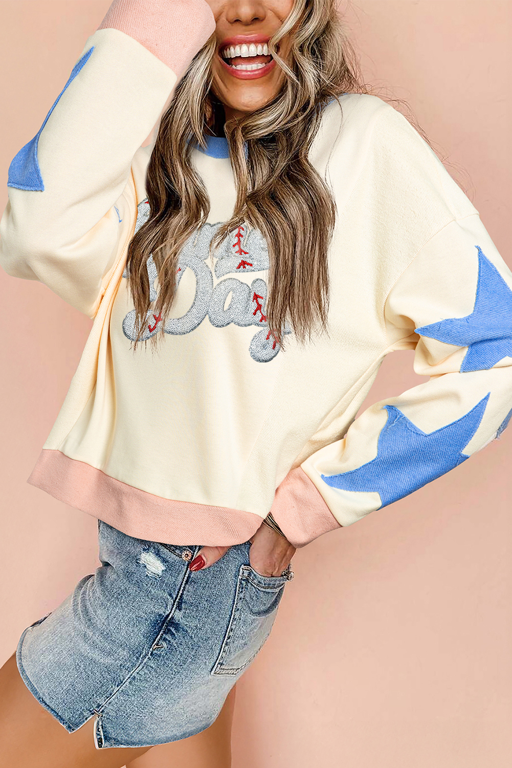 Beige Game Day Sequin Letter Graphic Star Patched Colorblock Sweatshirt - Image 6
