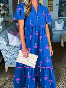 Blue Floral Print Notched Neck Butterfly Sleeve Shift Long Dress