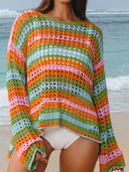 Carrot Multi Stripe Open Knit Sweater Beach Cover Up