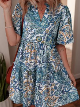 Blue Bohemian Paisley Floral V Neck Short Sleeve Mini Dress