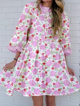 Pink Floral Print Striped Trim Frilled Neck 3/4 Sleeve Flared Mini Dress