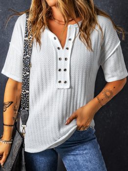 White Textured Hollow Grommet Placket Split Neck Short Sleeve Top