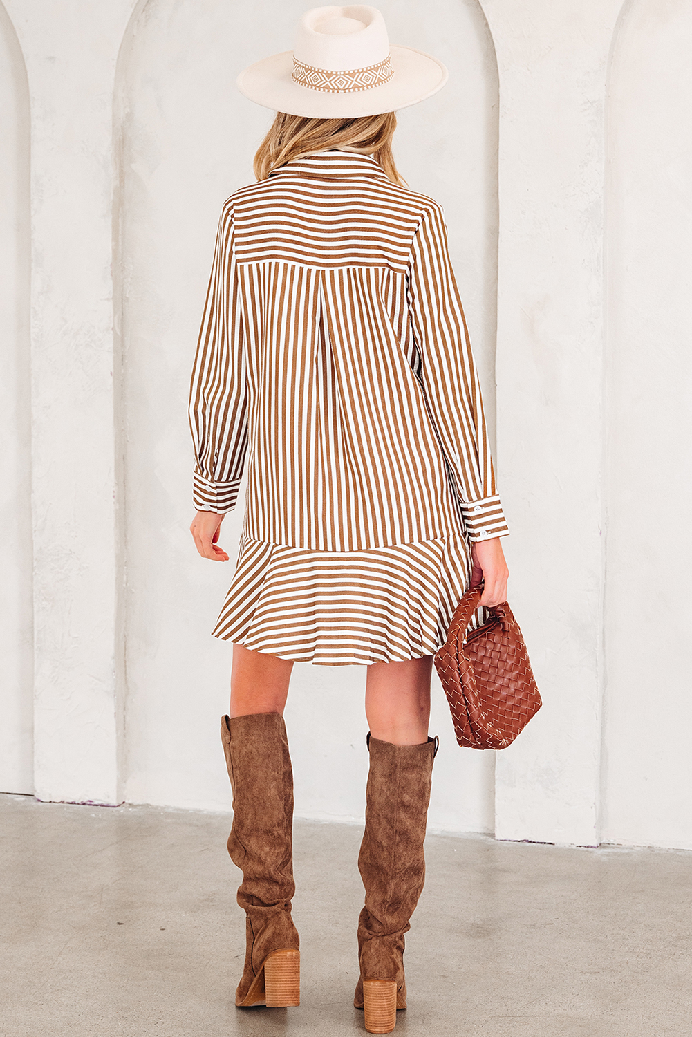Brown Stripe Ruffled Hem Collared Long Sleeve Shirt Mini Dress - Image 6