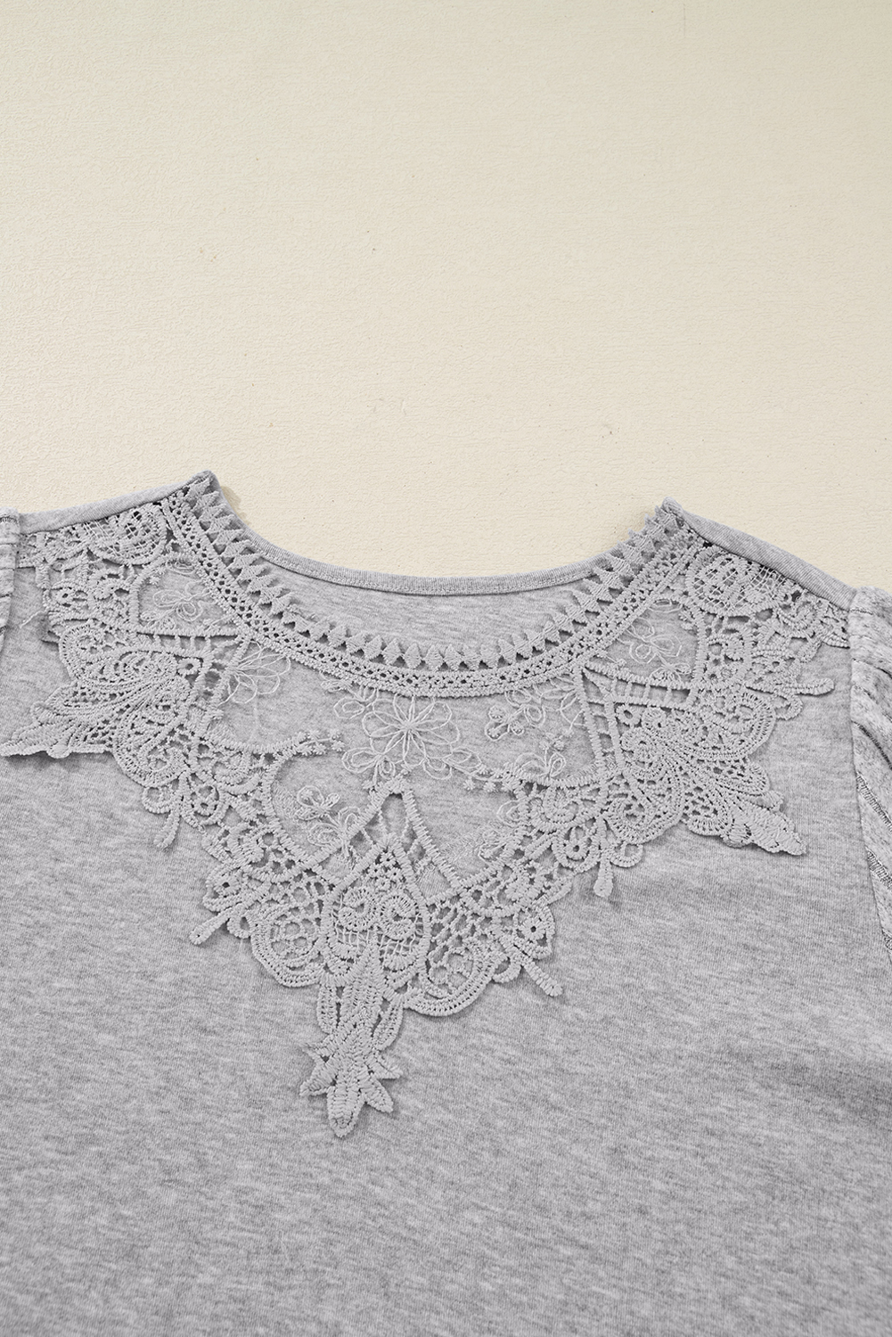 Gray Hollowed Lace Ribbed Knit Long Sleeve Patchwork Top - Image 5