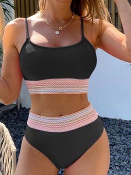 Black Striped Patchwork Spaghetti Strap High Waist Bikini Swimsuit