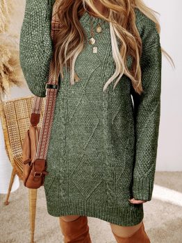 Mist Green Cable Knit Drop Shoulder Loose Fit Sweater Dress
