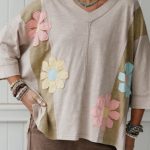 Green Flower Patched Exposed Seam Bracelet Sleeve Oversized T Shirt