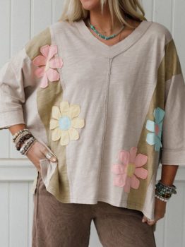 Green Flower Patched Exposed Seam Bracelet Sleeve Oversized T Shirt