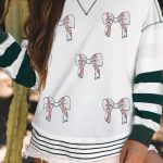 White Stripe Bowknot Patched Pattern Contrast Stitching Pullover Trendy Sweatshirt