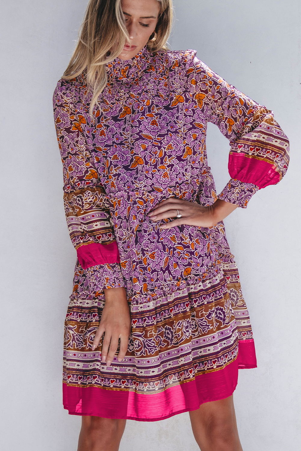 Purple Floral Smocked Puff Sleeve High Neck Mini Dress - Image 7