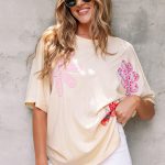 Apricot Flower Patched Exposed Stitching Trim Crew Neck Loose Tee