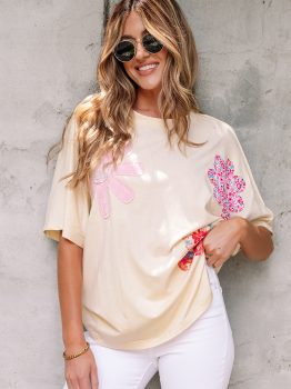 Apricot Flower Patched Exposed Stitching Trim Crew Neck Loose Tee