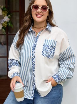 Sky Blue Leopard Striped Patchwork Casual Plus Shirt