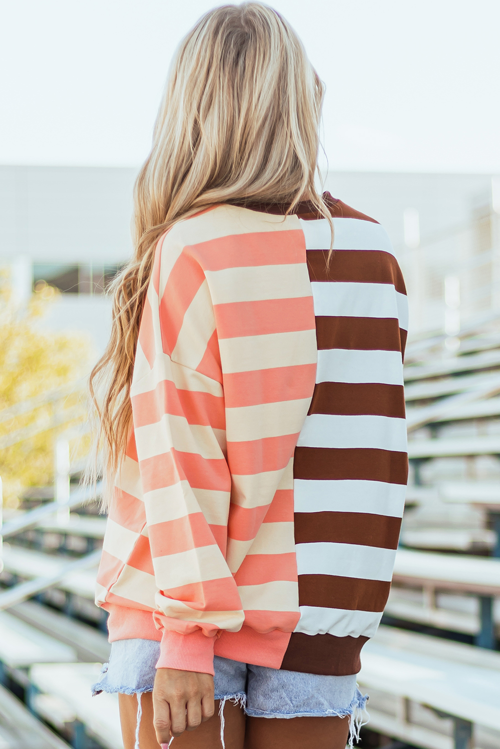 Brown Stripe Color Block Drop Shoulder Pullover Sweatshirt - Image 2