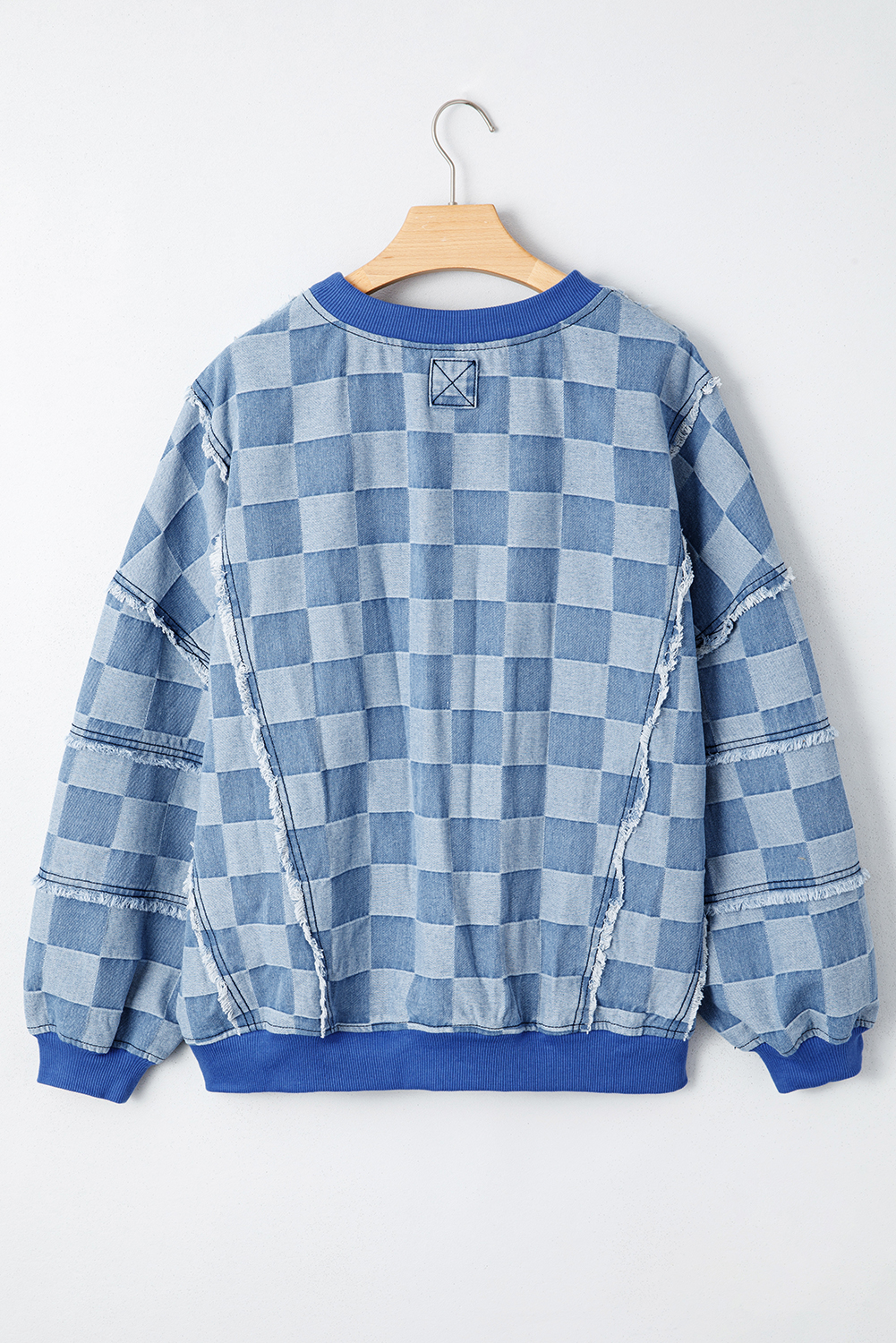 Sky Blue Checkerboard Splicing Raw Detail Oversized Denim Pullover - Image 8