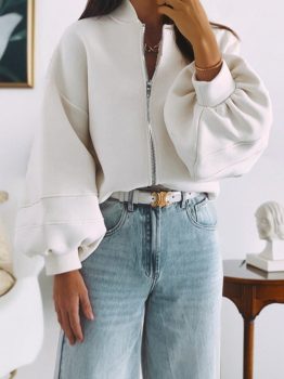 White Solid Color Zip Up Knit Puff Sleeve Jacket