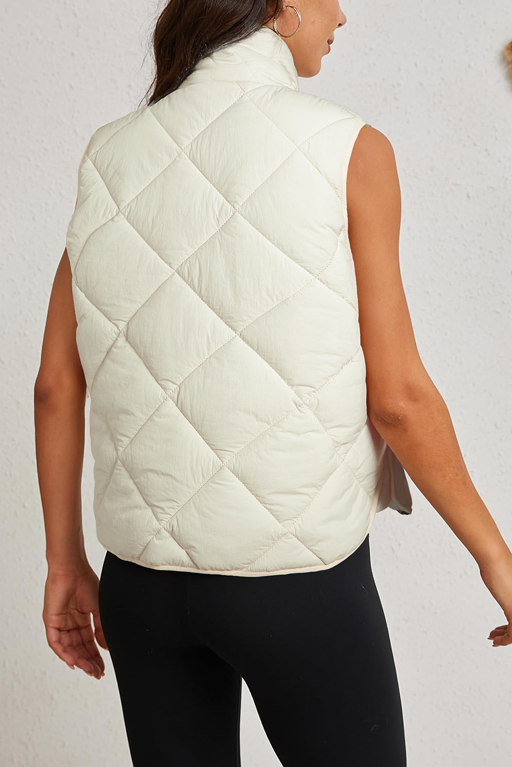 Beige Quilted High Neck Button Up Pocket Vest Coat - Image 7