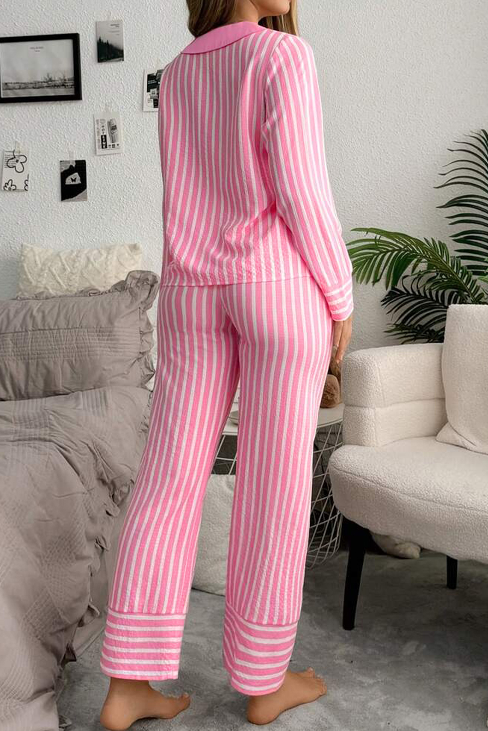 Pink Stripe Buttoned Front Long Sleeve Top and Pants 2 Piece Sleepwear - Image 2