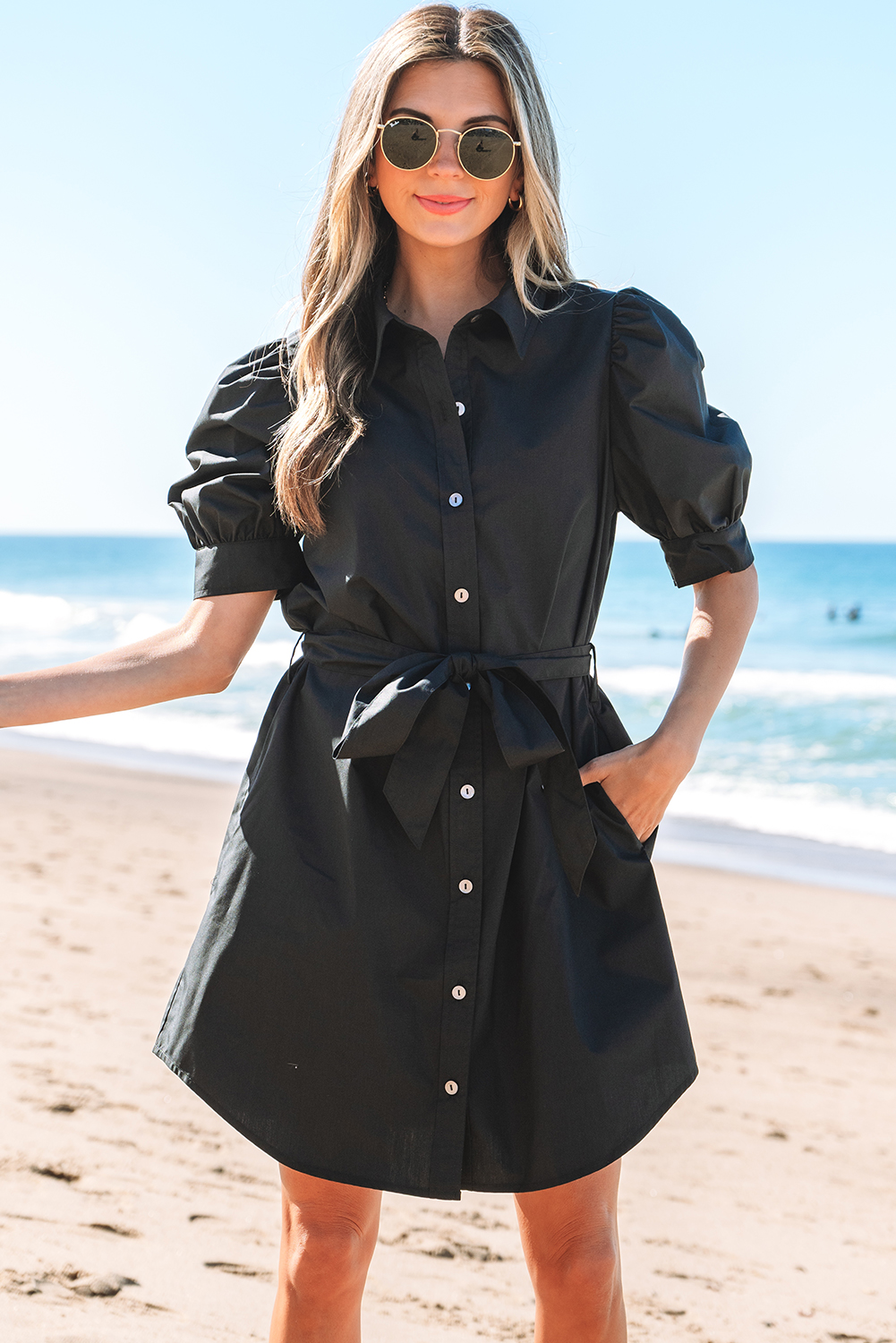 Black Button Up Tie Waist Puff Sleeve Mini Dress - Image 6