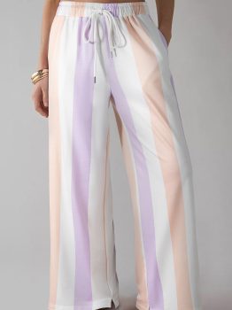 Purple Stripe Multicolored Print Drawstring Loose Pants with Side Pockets