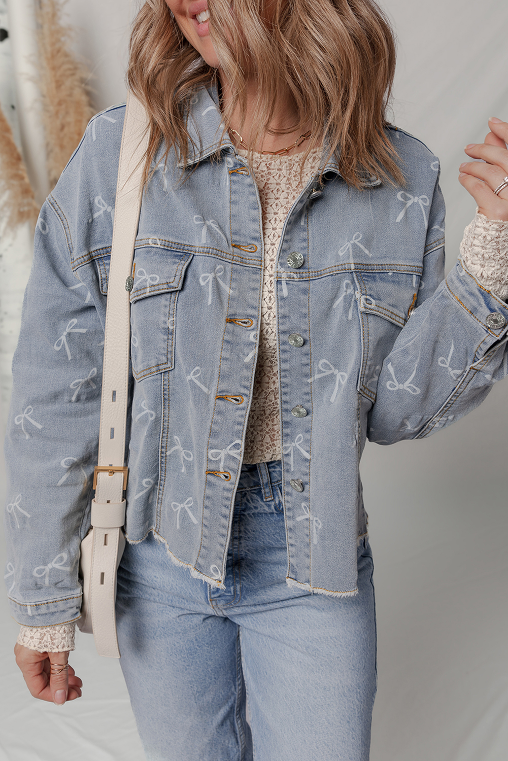 Sky Blue Bow Knot Print Light Wash Raw Hem Denim Jacket - Image 4