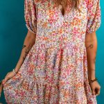 Red Floral Puff Sleeve Notched V Neck Tiered Mini Dress