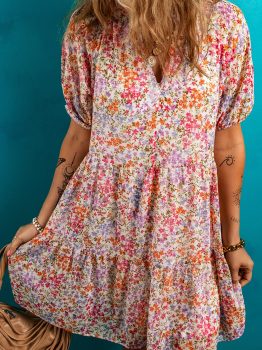 Red Floral Puff Sleeve Notched V Neck Tiered Mini Dress