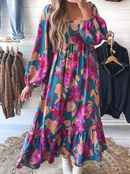 Multicolour Floral Print Square Neck Ruffled High Waist Dress