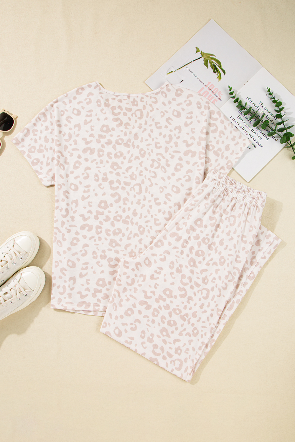Beige Cheetah V Neck Tee and Pants Lounge Set - Image 6