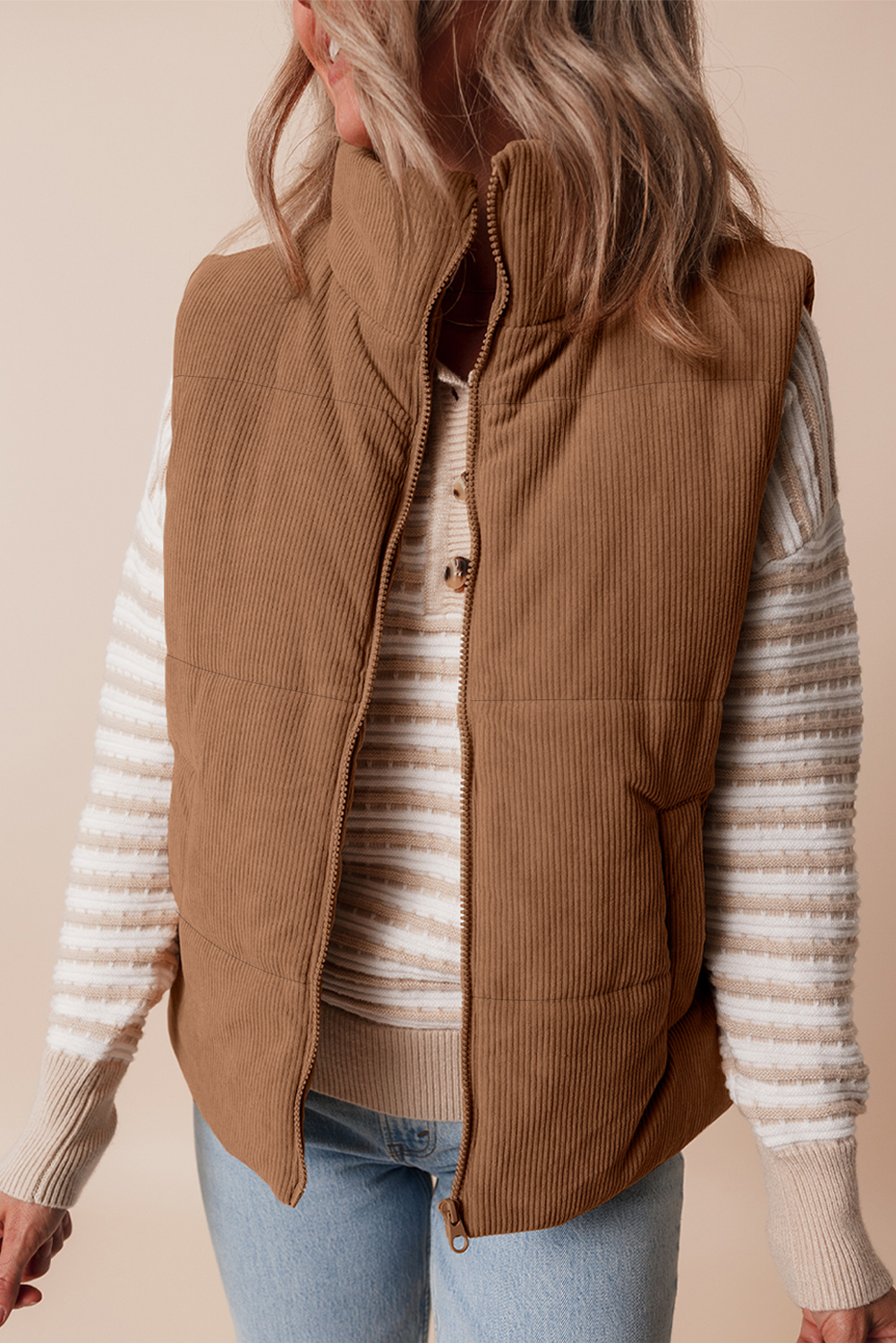 Coffee Corduroy Stand Neck Zipped Puffer Vest - Image 6