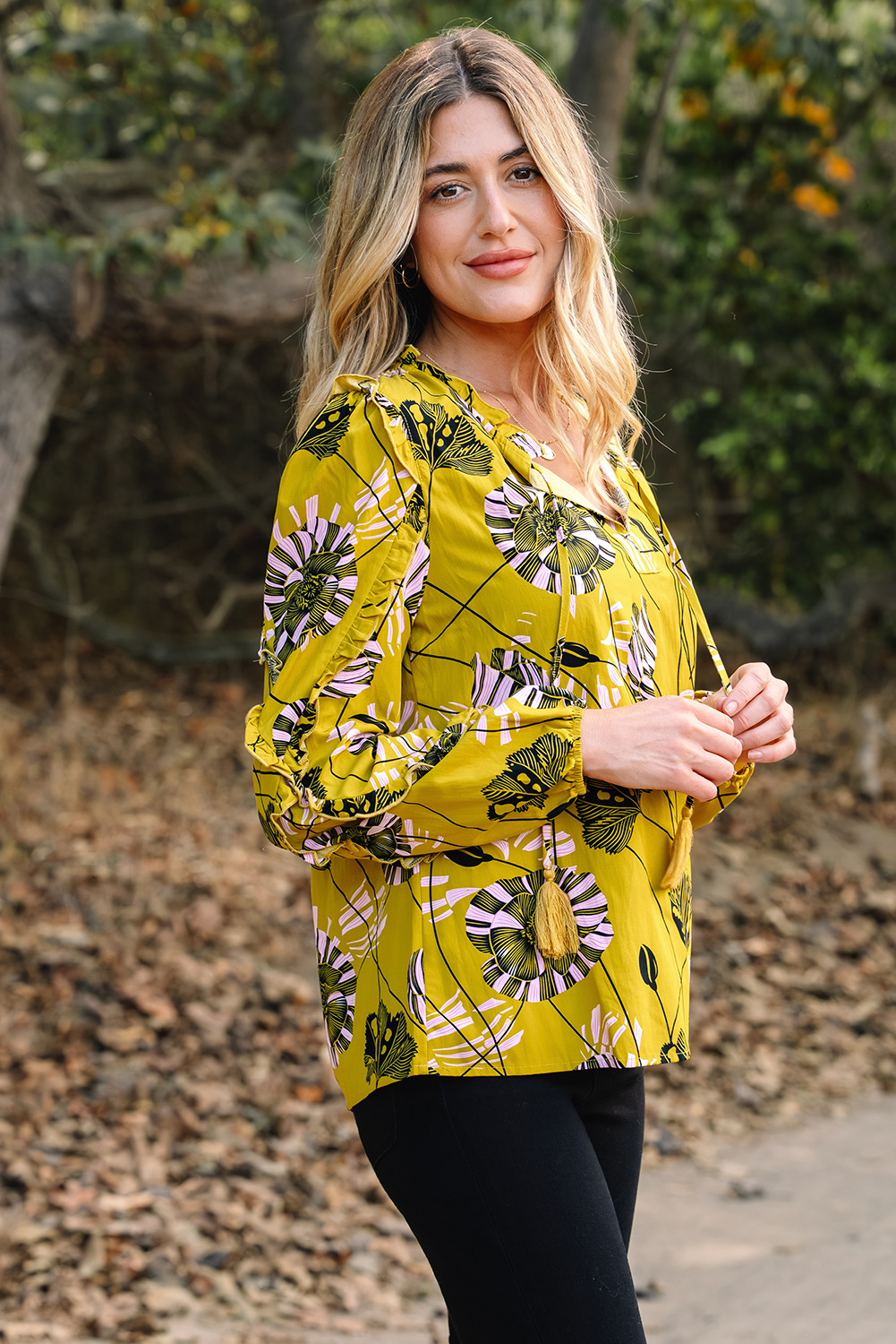 Yellow Vintage Floral V Neck Ruffle Trim Long Sleeve Blouse - Image 3