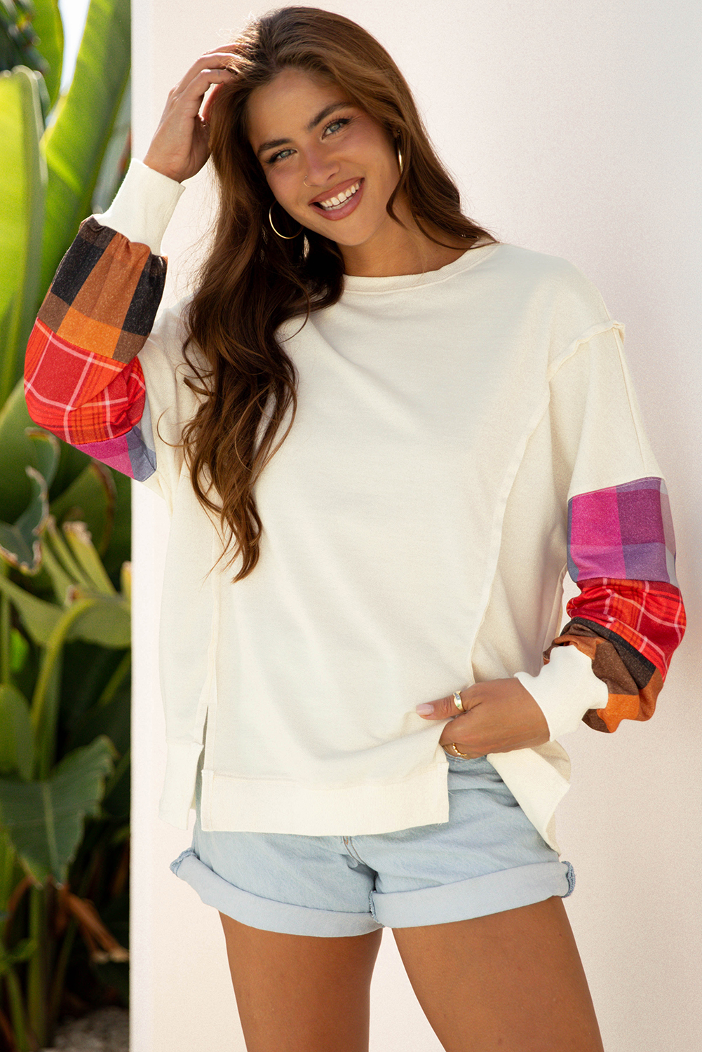 Beige Contrast Plaid Long Sleeve Exposed Seam Patchwork Top - Image 4