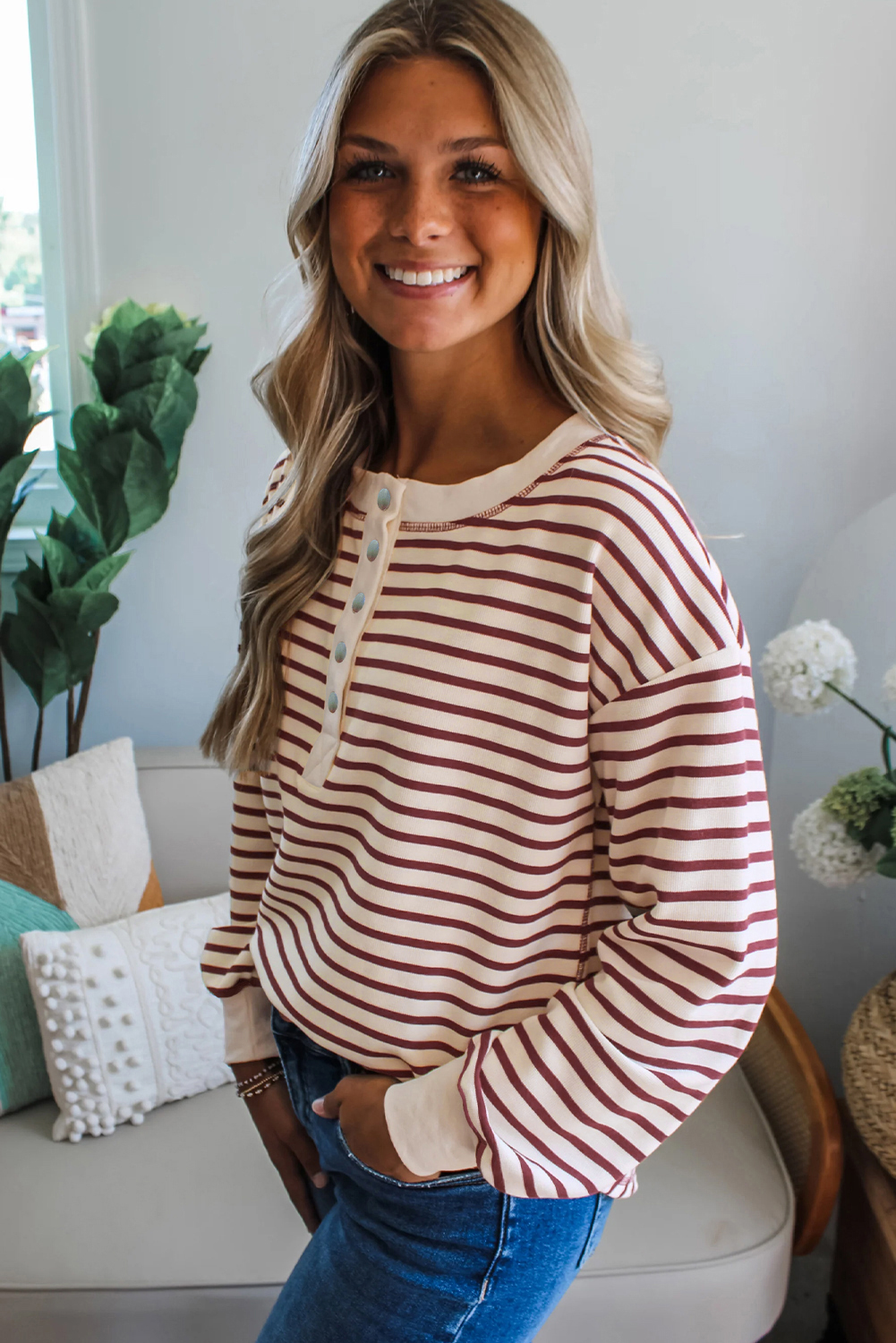 Red Dahlia Striped Print Drop Shoulder Long Sleeve Henley Top - Image 2