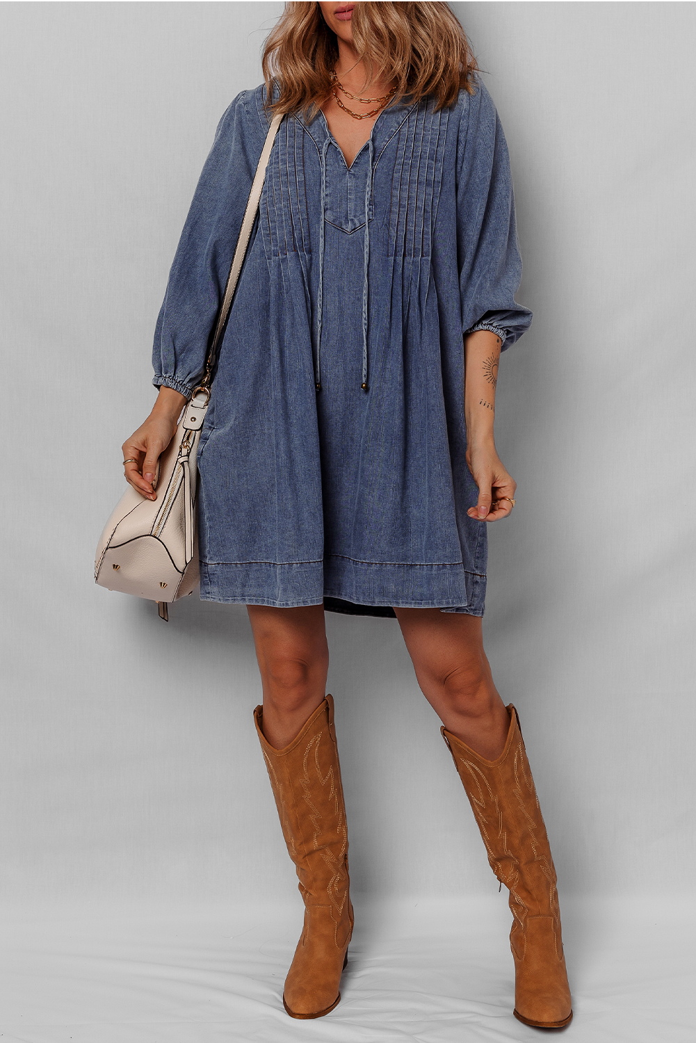 Sail Blue 3/4 Sleeve Tied V Neck Pleated Denim Mini Dress - Image 6