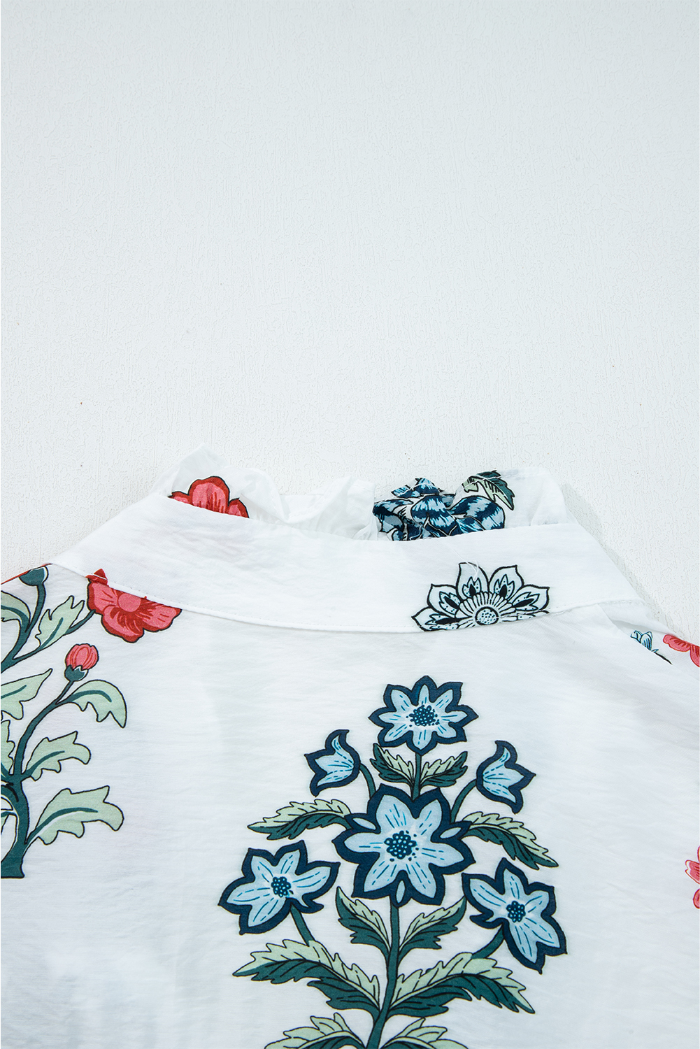 White Floral Print Frilled Collar V Neck Button Down Long Sleeve Shirt - Image 6