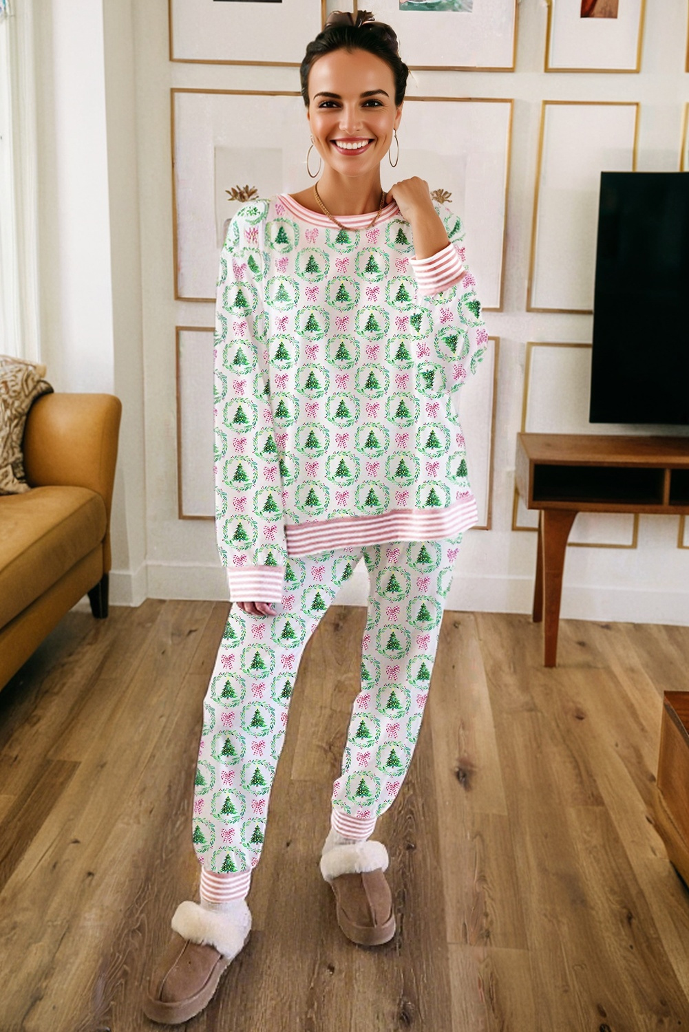 Green Bow Christmas Tree Print Contrast Striped Banding 2pcs Lounge Set - Image 2