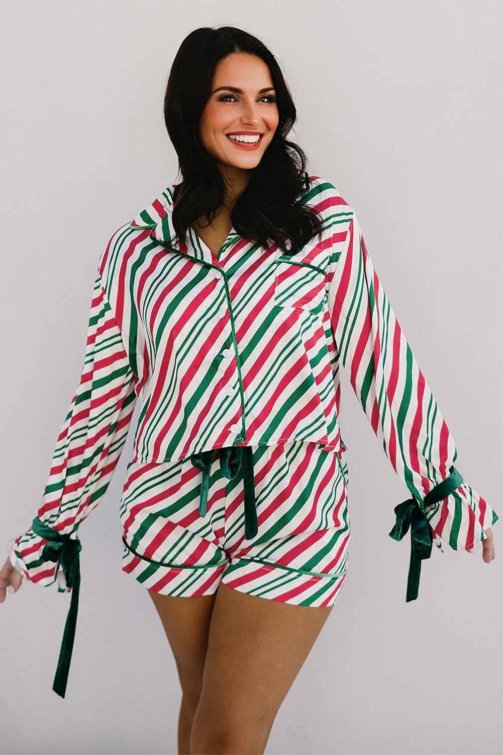 Green Stripe Contrast Velvet Ribbon Knot Christmas 2pcs Pajama Set - Image 2