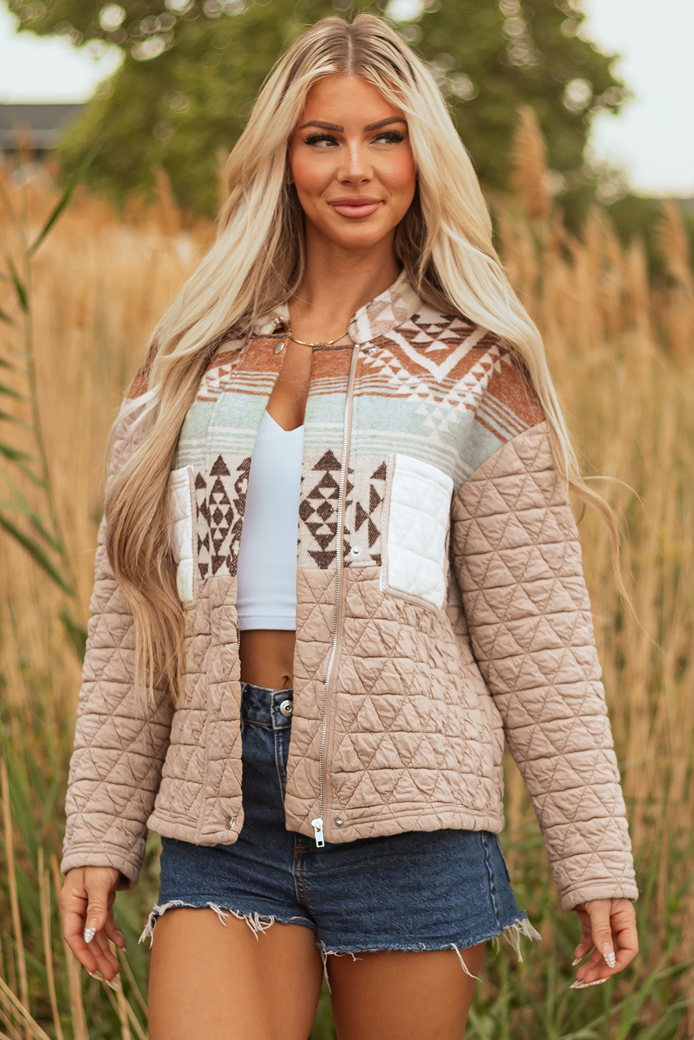 Light French Beige Aztec Quilted Patchwork Western Fashion Jacket - Image 4