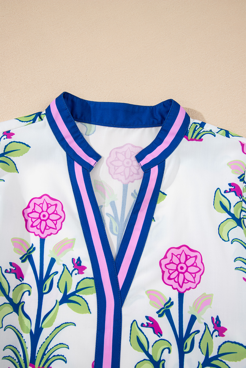 White Floral Print Contrast Striped Trim Notched Neck Long Sleeve Dress - Image 7