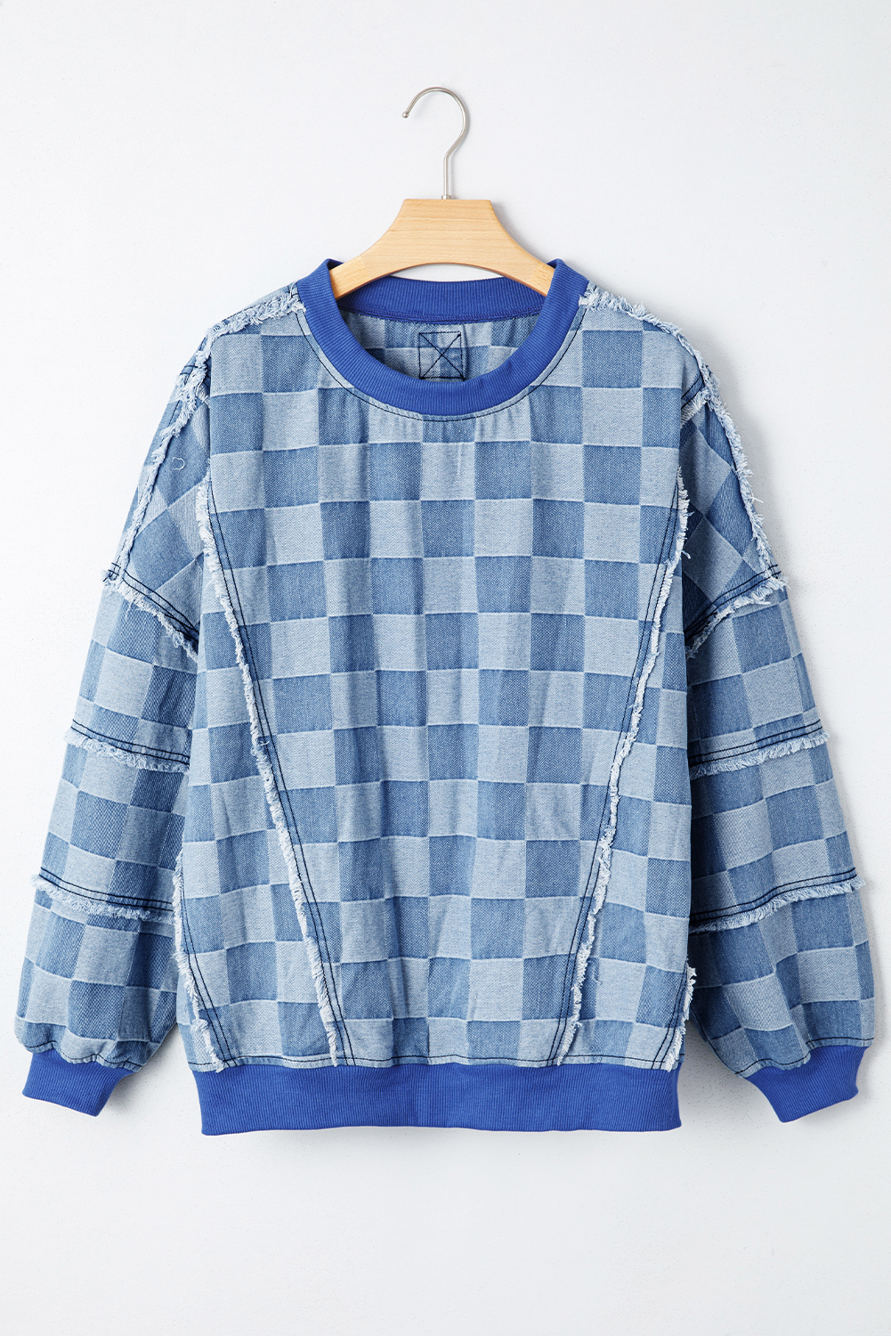 Sky Blue Checkerboard Splicing Raw Detail Oversized Denim Pullover - Image 7