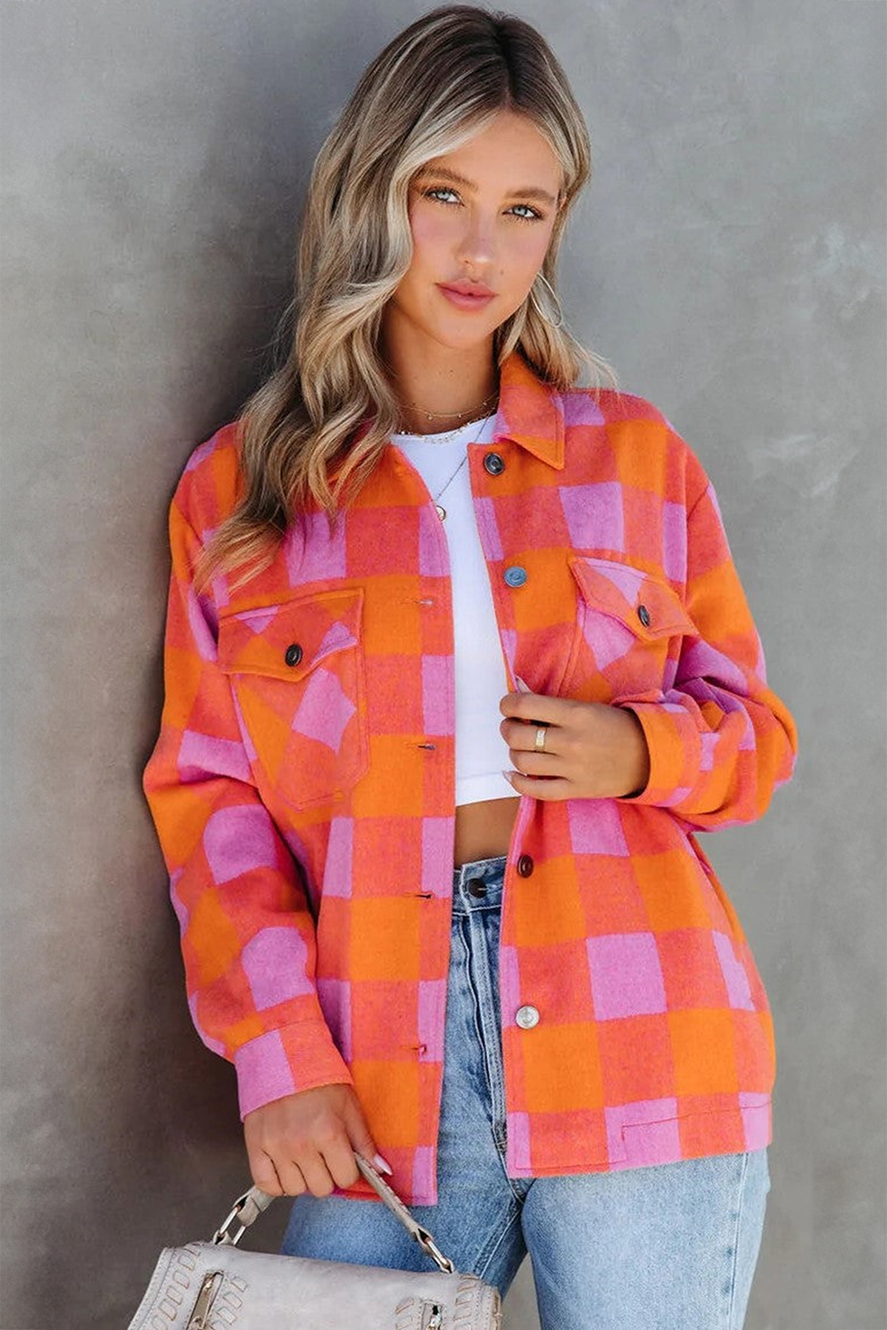 Orange Plaid Chest Pockets Button-up Turn Down Collar Jacket - Image 5