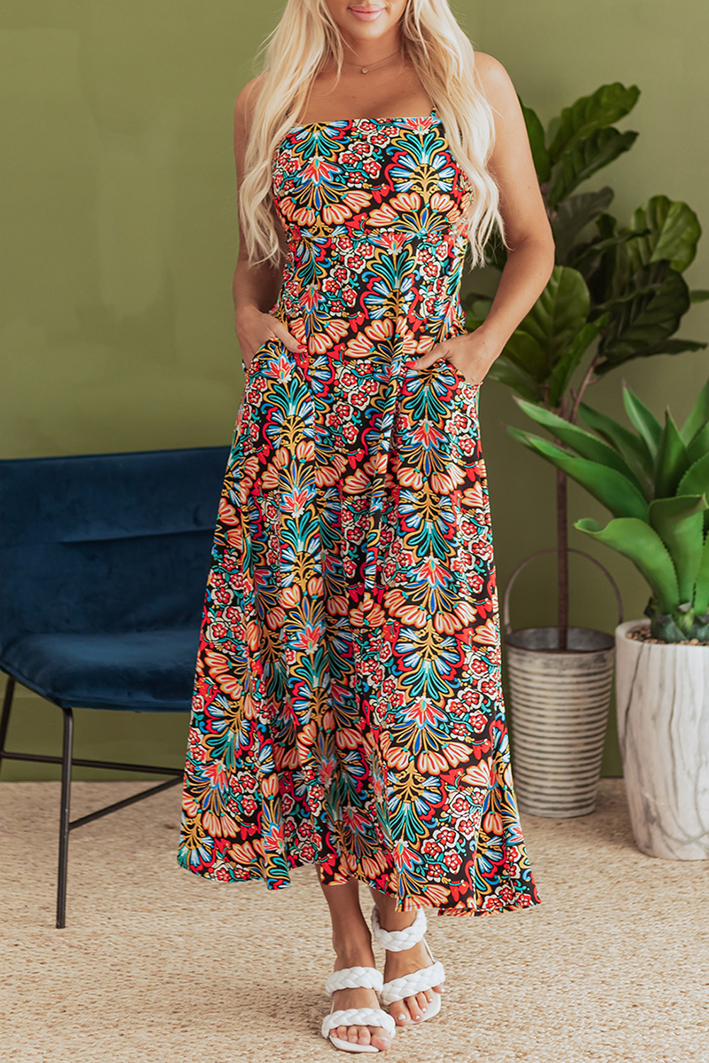 Black Boho Floral Print Thin Straps Sleeveless High Waist Maxi Dress - Image 8