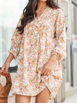 Yellow Boho Floral V Neck Ruffled Empire Waist Long Sleeve Mini Dress