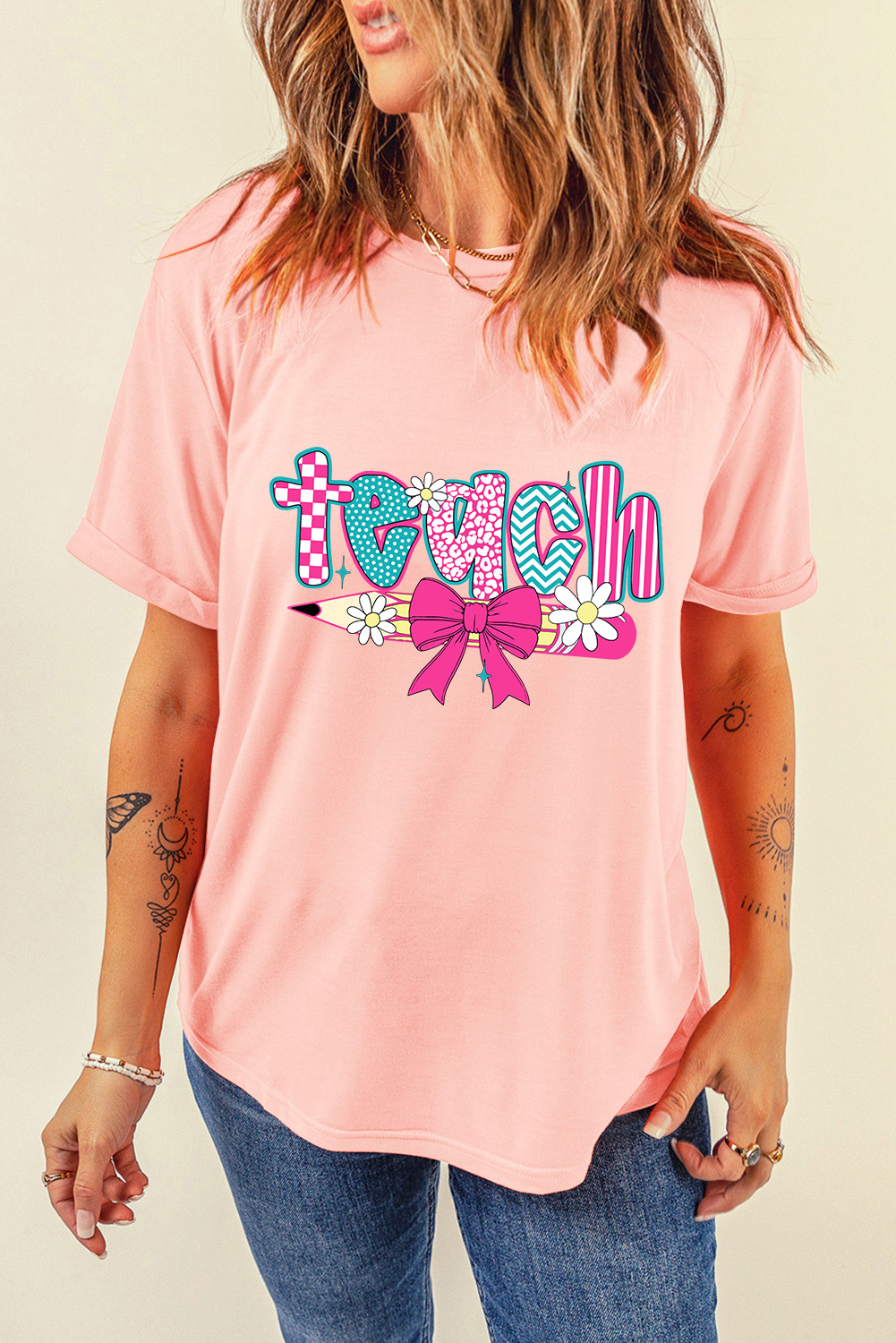 Pink Preppy Retro Checkered Coquette Teach Graphic T-Shirt - Image 6