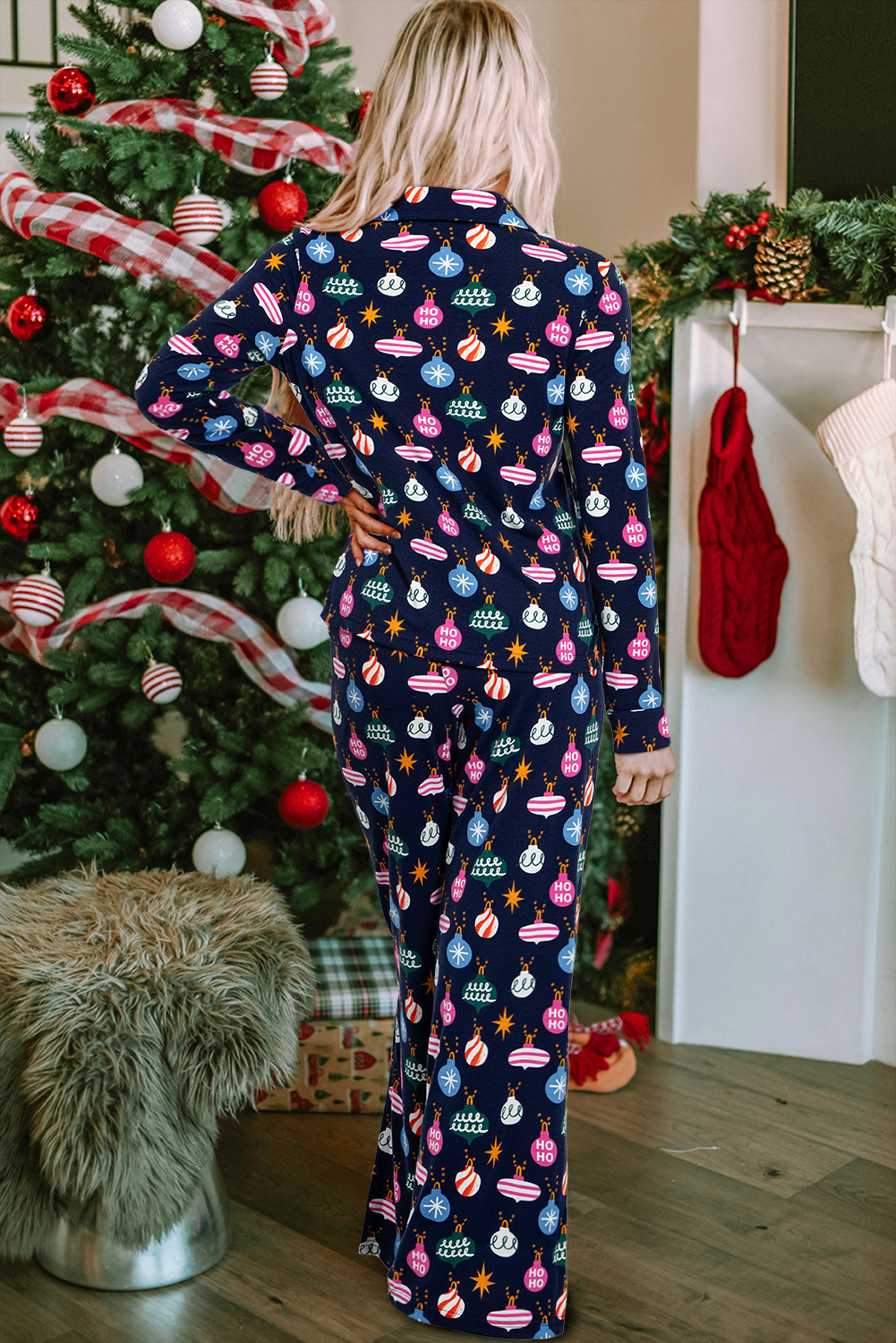 Navy Blue Colorful Christmas Lights Print Shirt and Pants Pajama Set - Image 5