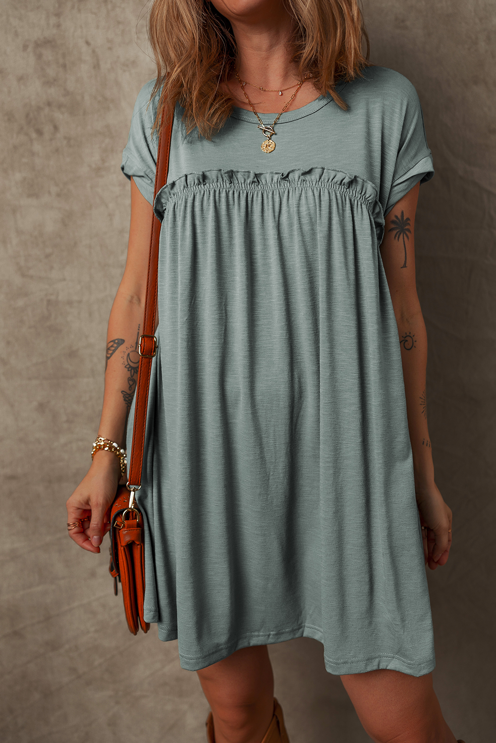 Mist Green Frilled Gathered Seam Round Neck T Shirt Dress - Image 5