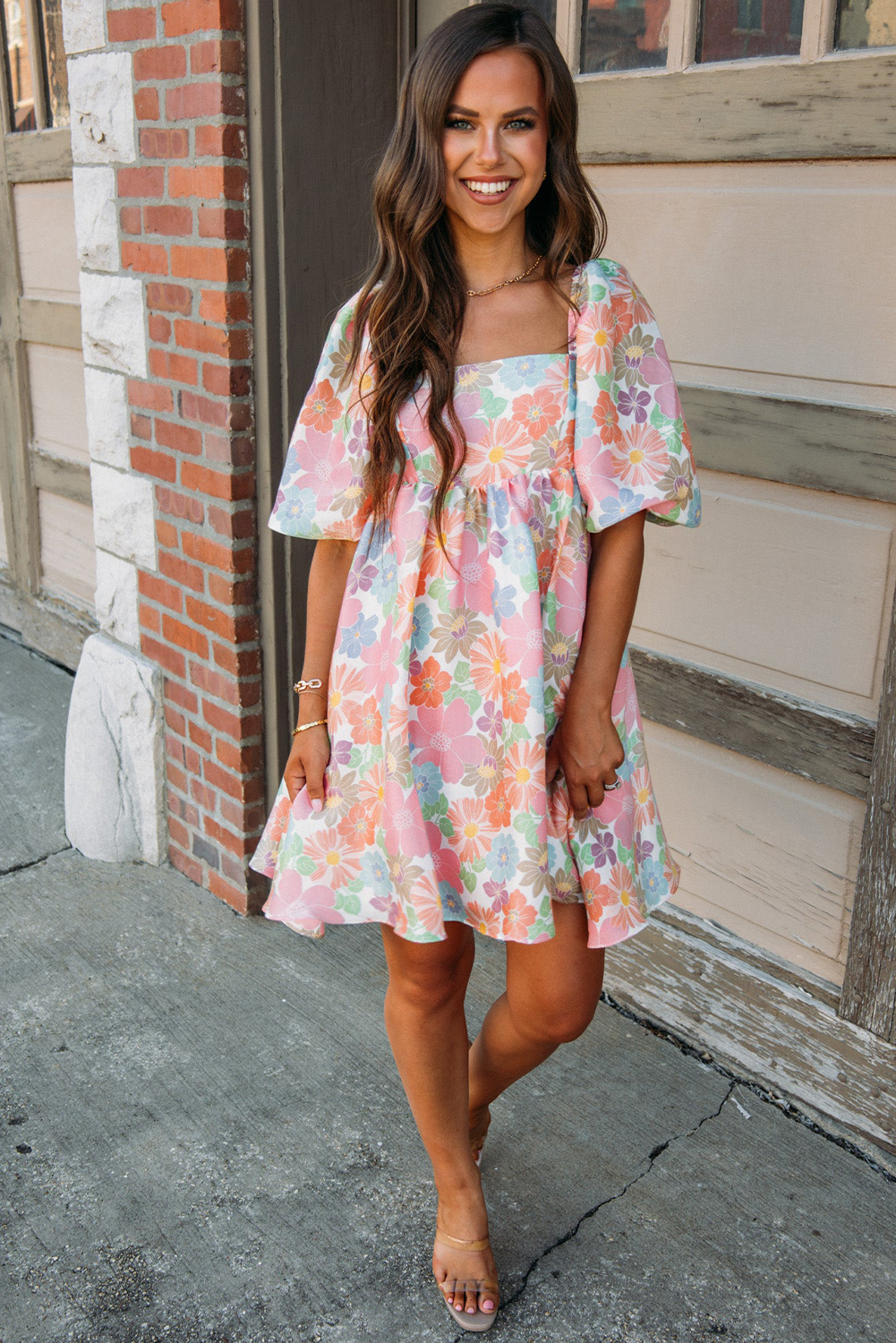 Pink Summer Floral Square Neck Puff Sleeve Babydoll Dress - Image 4