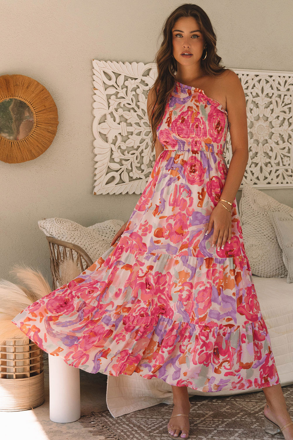 Pink Abstract Floral Print Shirred One Shoulder Maxi Dress - Image 4